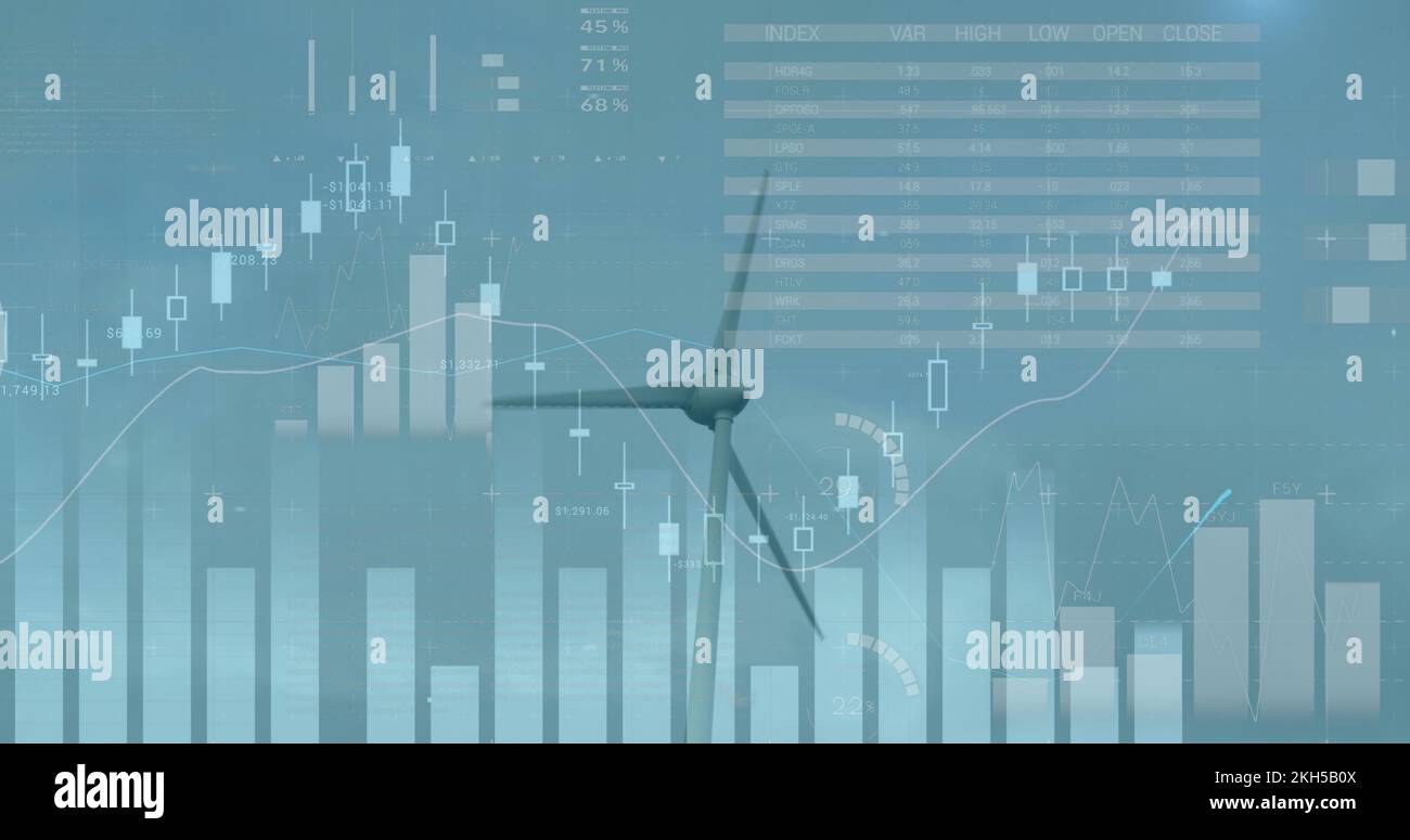 Image des éoliennes se déplaçant dans la campagne et du graphique de la bourse en augmentation et en diminution Banque D'Images