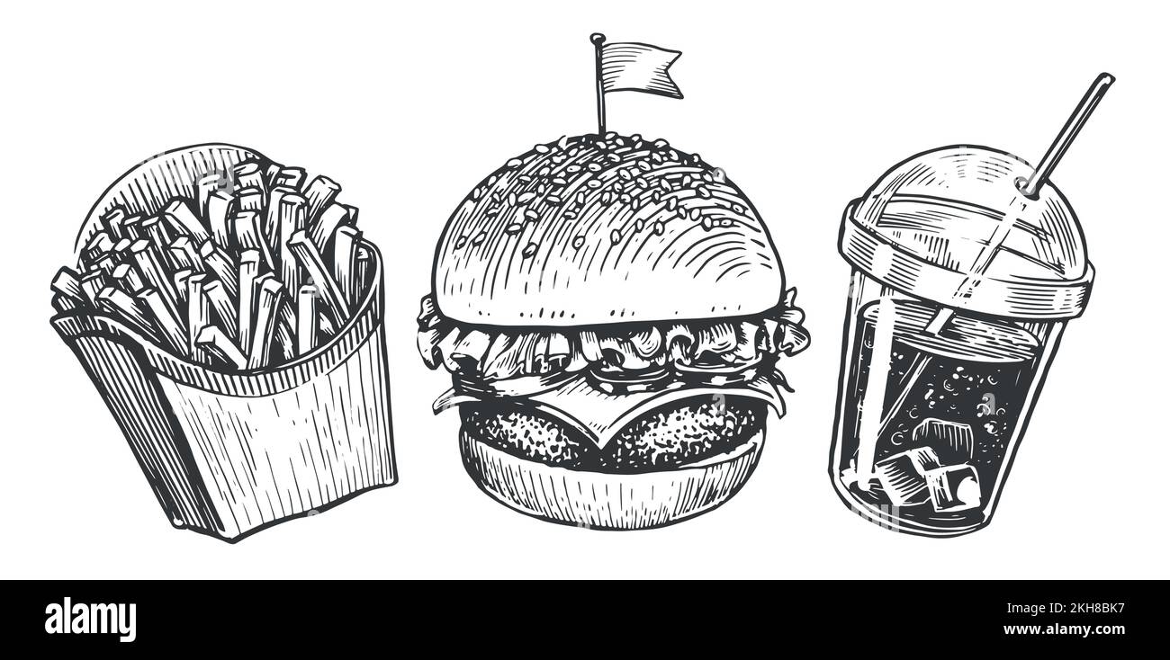 Ensemble de restauration rapide vintage. Hamburger, frites et cola avec glace dans les croquis de tasse. Illustration vectorielle de style rétro Illustration de Vecteur