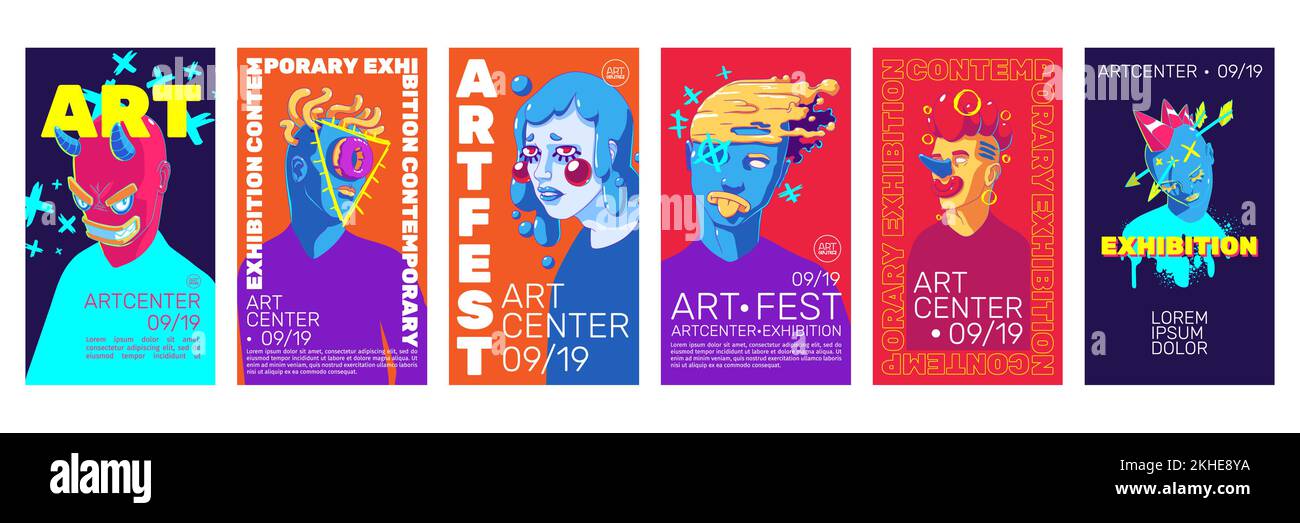 Prospectus d'exposition d'art avec portraits contemporains, abstrait face à l'illustration moderne. Conception de modèles vectoriels pour centre d'art ou événement de festival. Dessins animés créatifs avec personnages surréalistes, ensemble Illustration de Vecteur