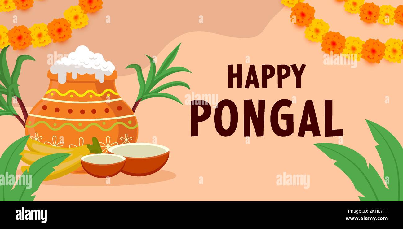 illustration de la bannière horizontale happy pongal à motif plat Illustration de Vecteur