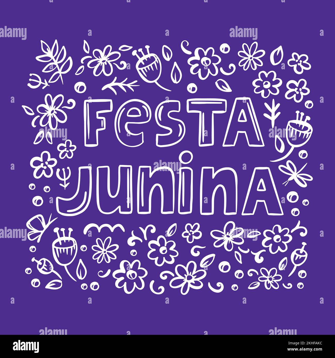 FESTA JUNINA MONOBLUE June Festival Catholic Tradition Brésil Carnaval Holiday lettrage avec feuilles abstraites sur fond violet Illustration vectorielle Illustration de Vecteur