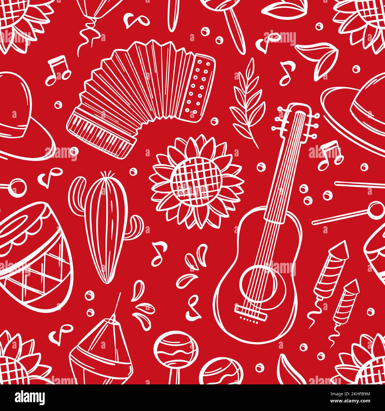 FESTA JUNINA MUSIC June Festival Catholic Tradition Brésil Carnaval Holiday Seamless Pattern with musical instruments on Red Background Vector Illustr Illustration de Vecteur