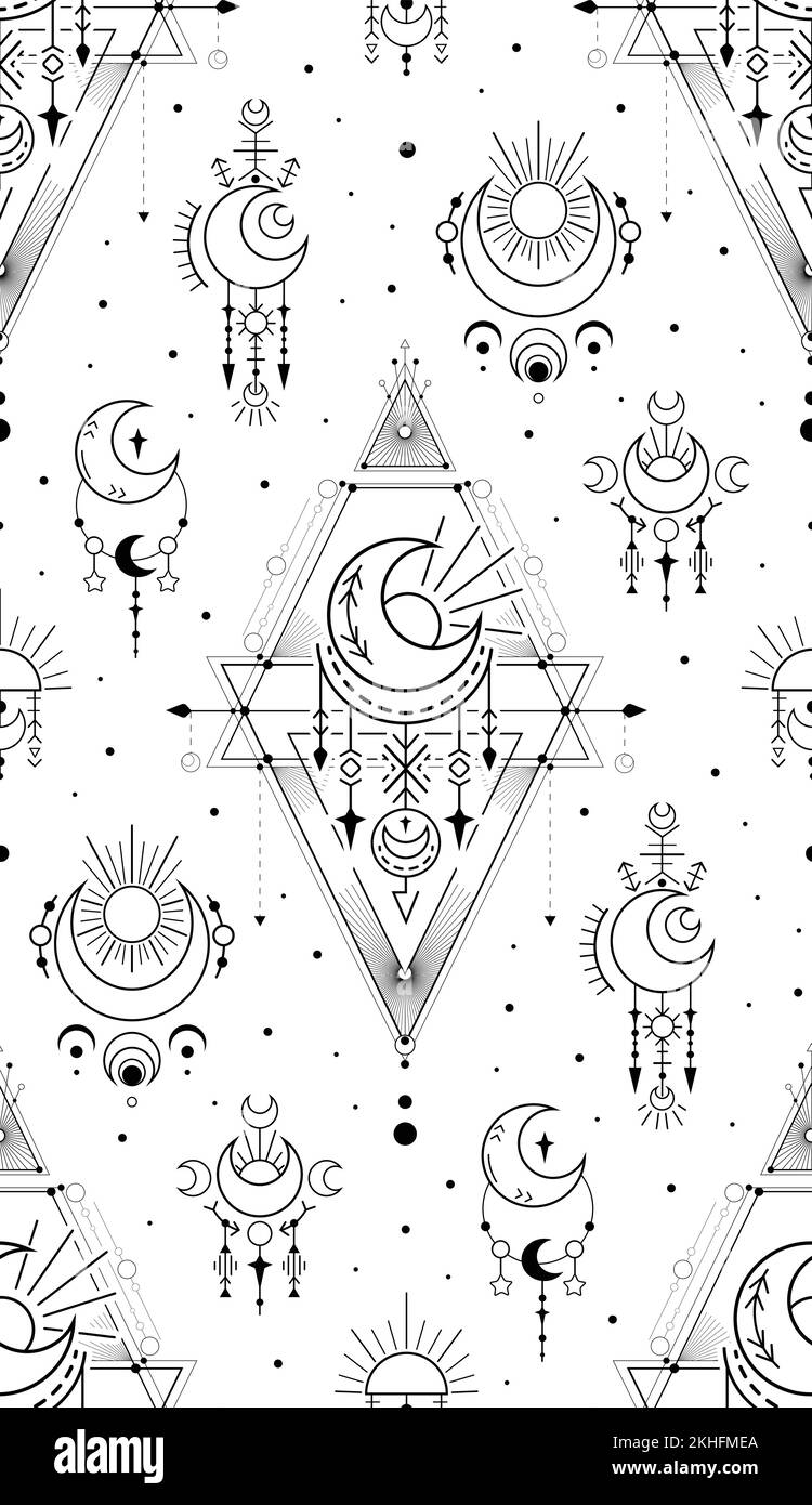 Texture monochrome avec symboles occultes à contour noir avec étoiles et croissant sur fond blanc. Vecteur de luxe mystique modèle géométrique. Sacral dehors Illustration de Vecteur