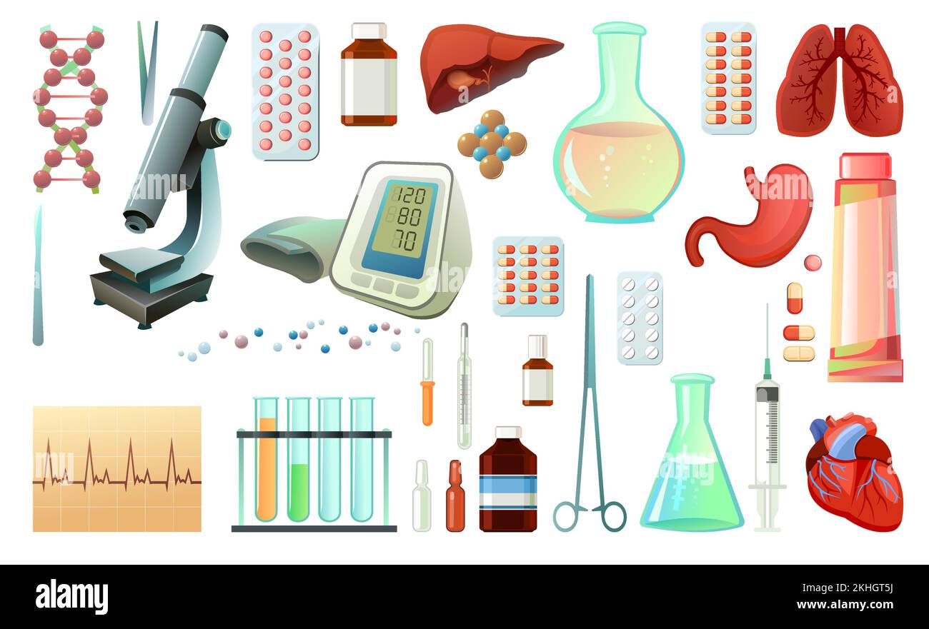 Définir les objets de traitement et de médecine. Sujets d'étude. Équipement et organes internes humains pour le traitement. Isolé sur fond blanc. Vecteur Illustration de Vecteur