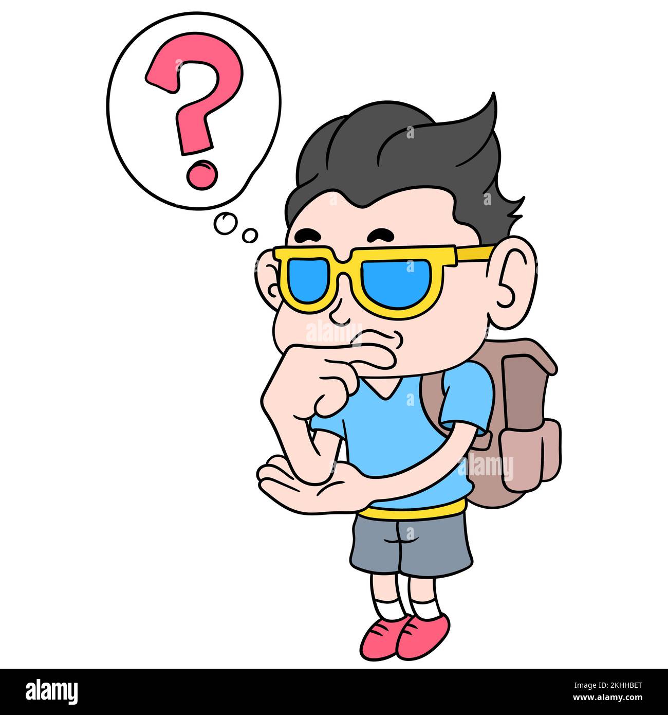 Un dessin d'un garçon nerdy pensant au problème avec un sac à dos d'école Illustration de Vecteur
