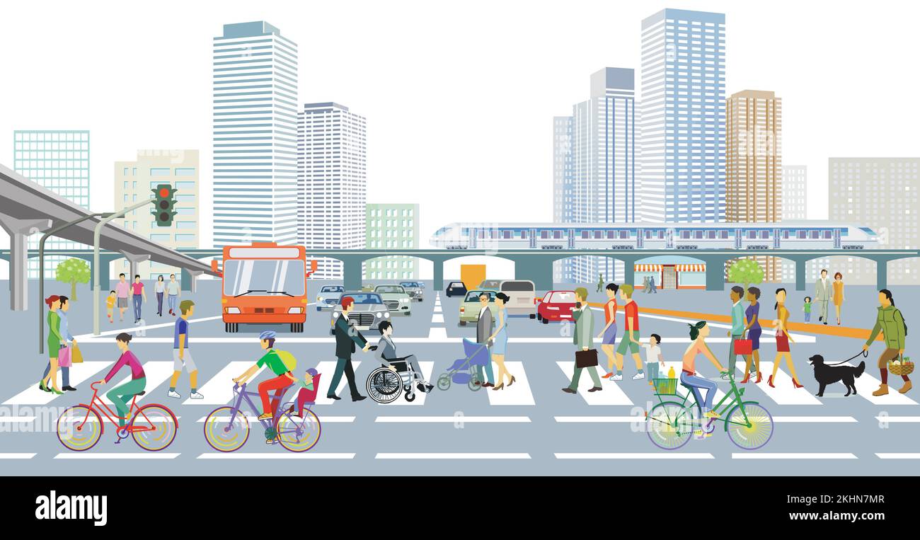 Voitures au carrefour de la grande ville avec passage piéton, illustration Illustration de Vecteur