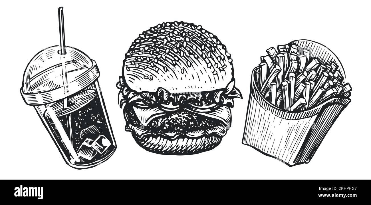 Croquis de la série Fast Food. Hamburger, frites et cola avec glace dans une tasse. Illustration de vecteurs de nourriture de rue ou de plats à emporter Illustration de Vecteur