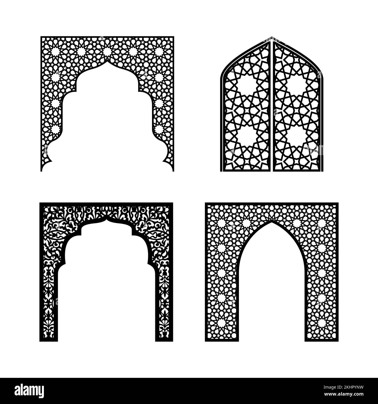 Un ensemble d'arches ajourées de style silhouette pour la découpe, l'impression et le design au laser. Illustration vectorielle. Illustration de Vecteur