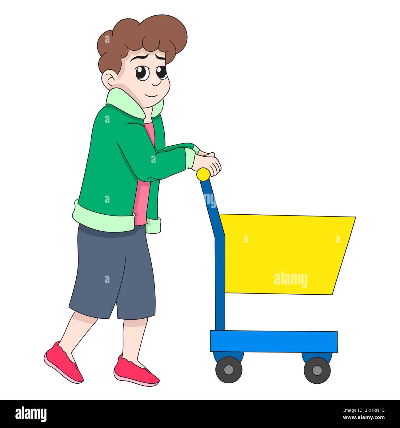 illustration d'un garçon qui pousse un chariot autour du centre commercial Illustration de Vecteur