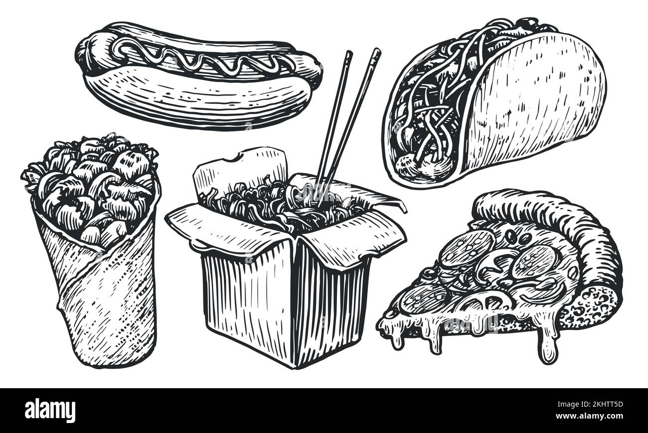 Croquis de la série Fast Food. Nouilles wok, pizza, tacos, hot dog, kebab. Illustration vectorielle de Street Food ou à emporter Illustration de Vecteur