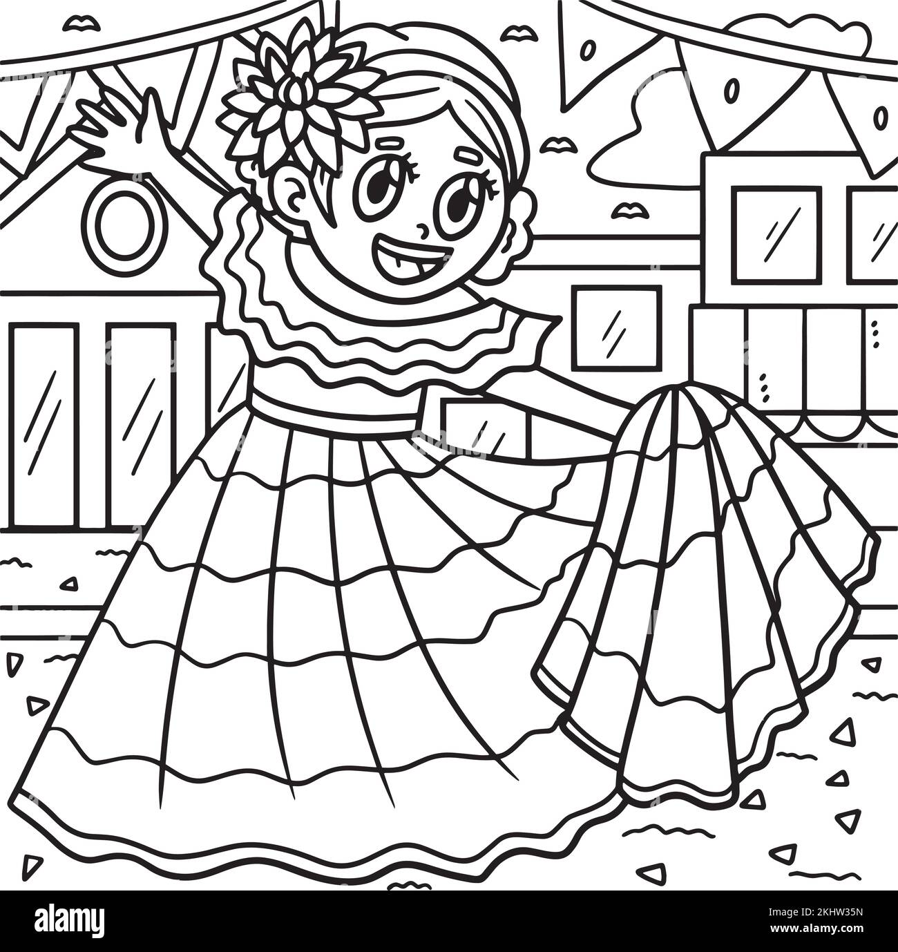 Page de coloriage de danse pour fille Cinco de Mayo pour enfants Illustration de Vecteur
