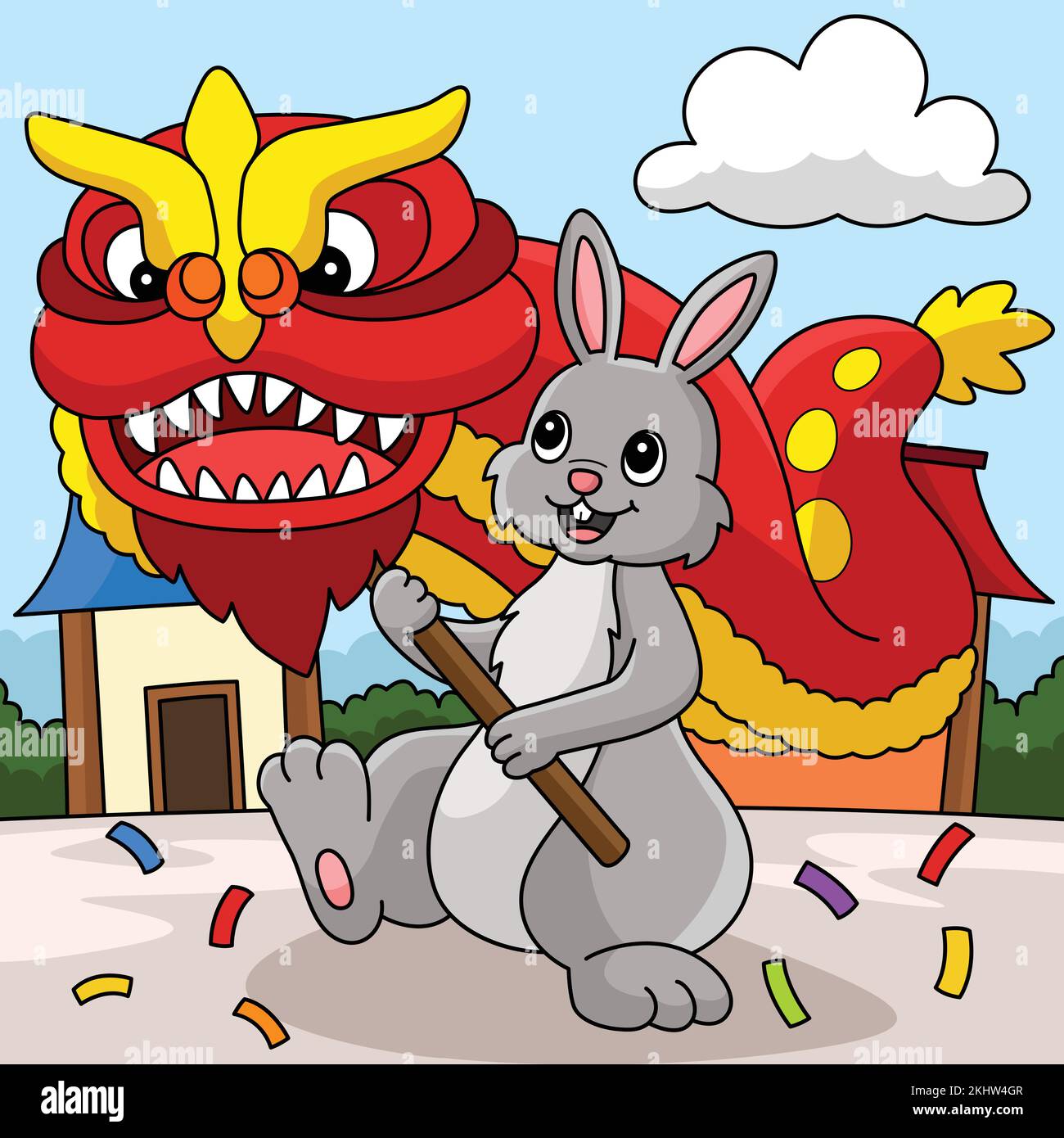 Dessin animé de couleur lapin Dragon Dancing Illustration de Vecteur