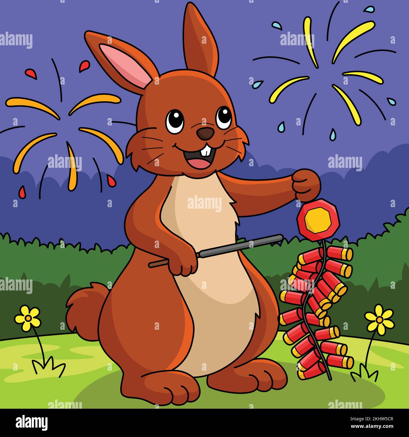 Lapin tenant un dessin animé de couleur feux d'artifice Illustration de Vecteur