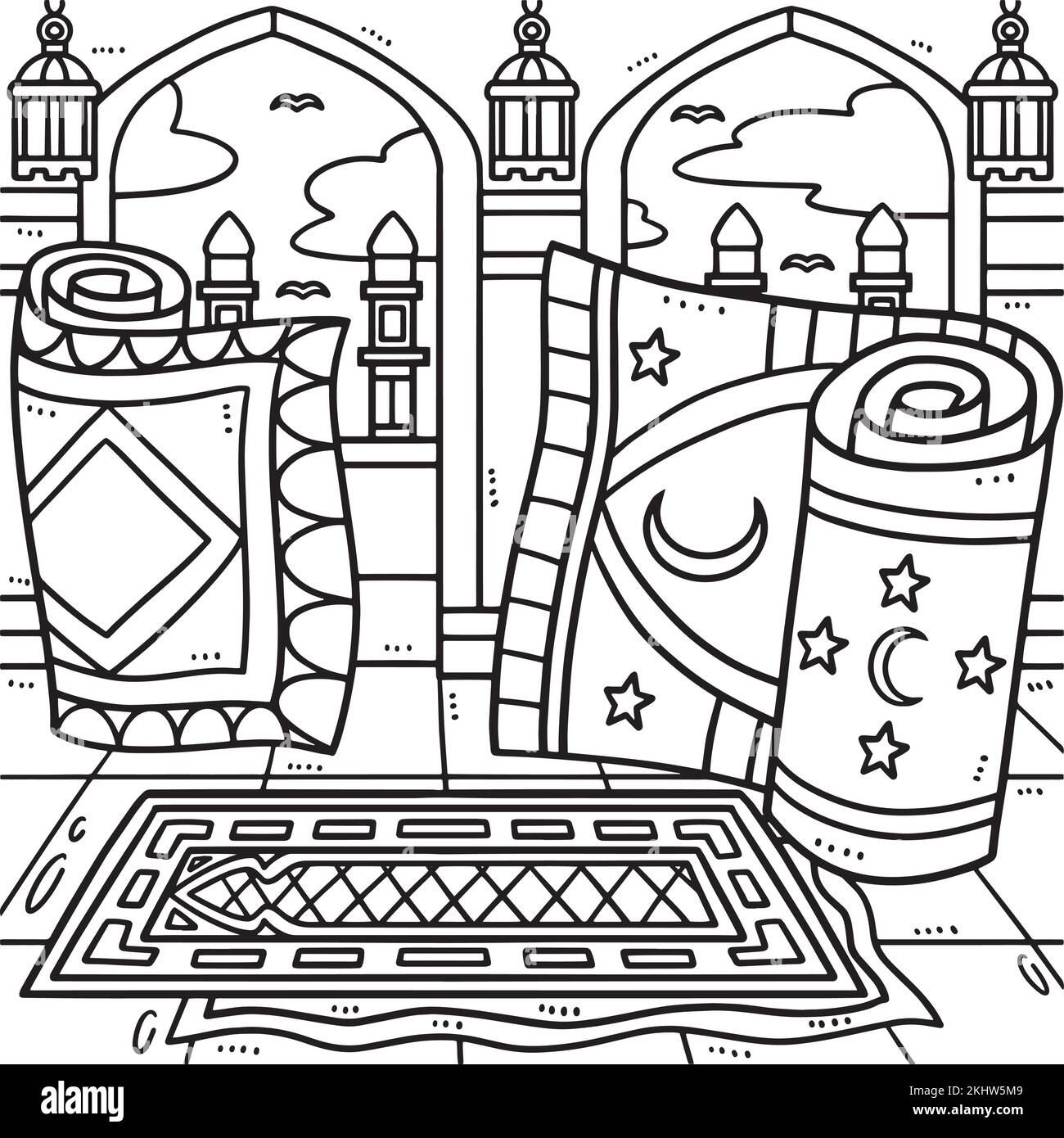 Page de coloriage des tapis de prière du ramadan pour les enfants Illustration de Vecteur