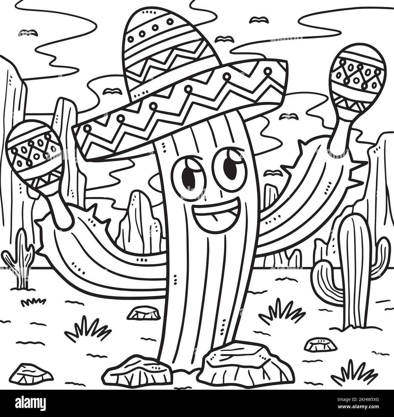 Cinco de Mayo Cactus avec Sombrero coloriage page Illustration de Vecteur