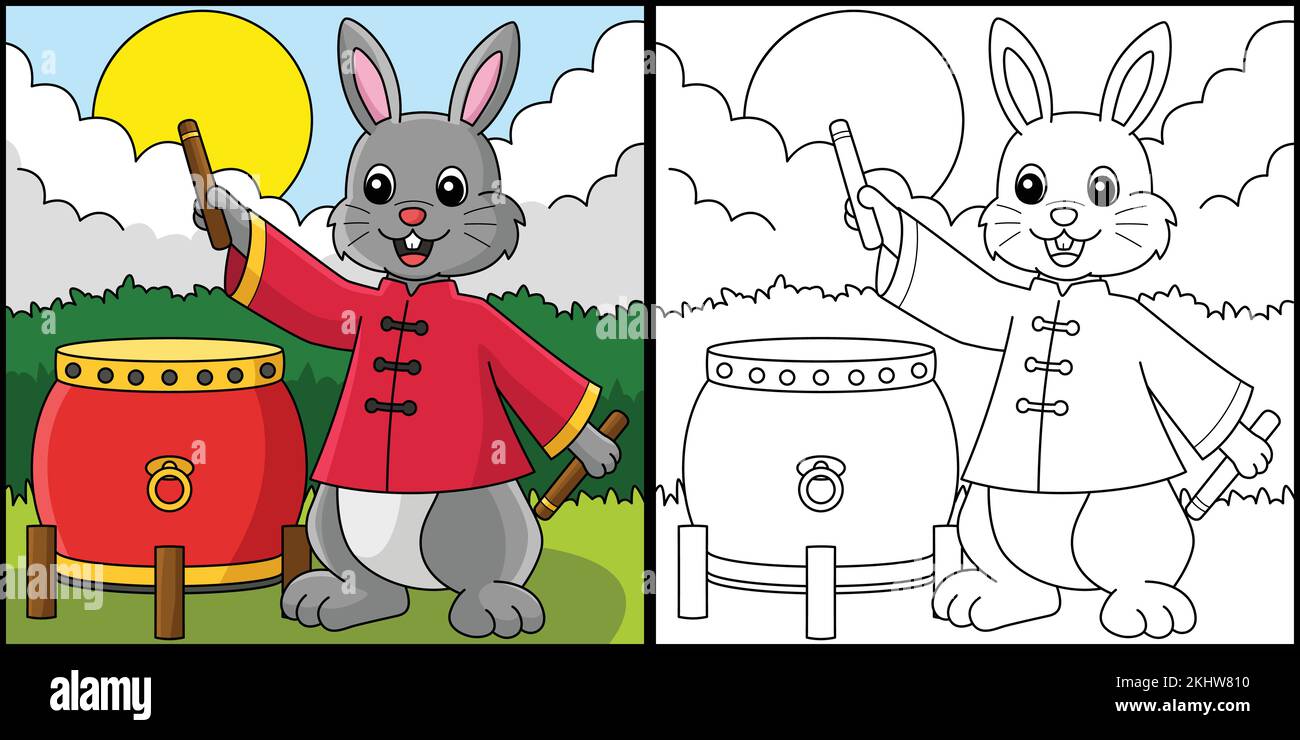 Illustration de la page de coloriage des tambours de jeu de lapin Illustration de Vecteur