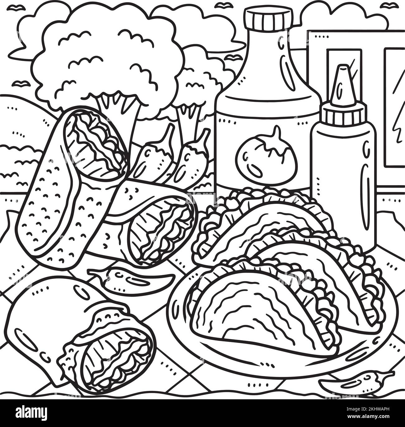 Page de coloriage Cinco de Mayo Tacos et Burrito Illustration de Vecteur Page de coloriage Cinco de Mayo Tacos et Burrito Illustration de Vecteur