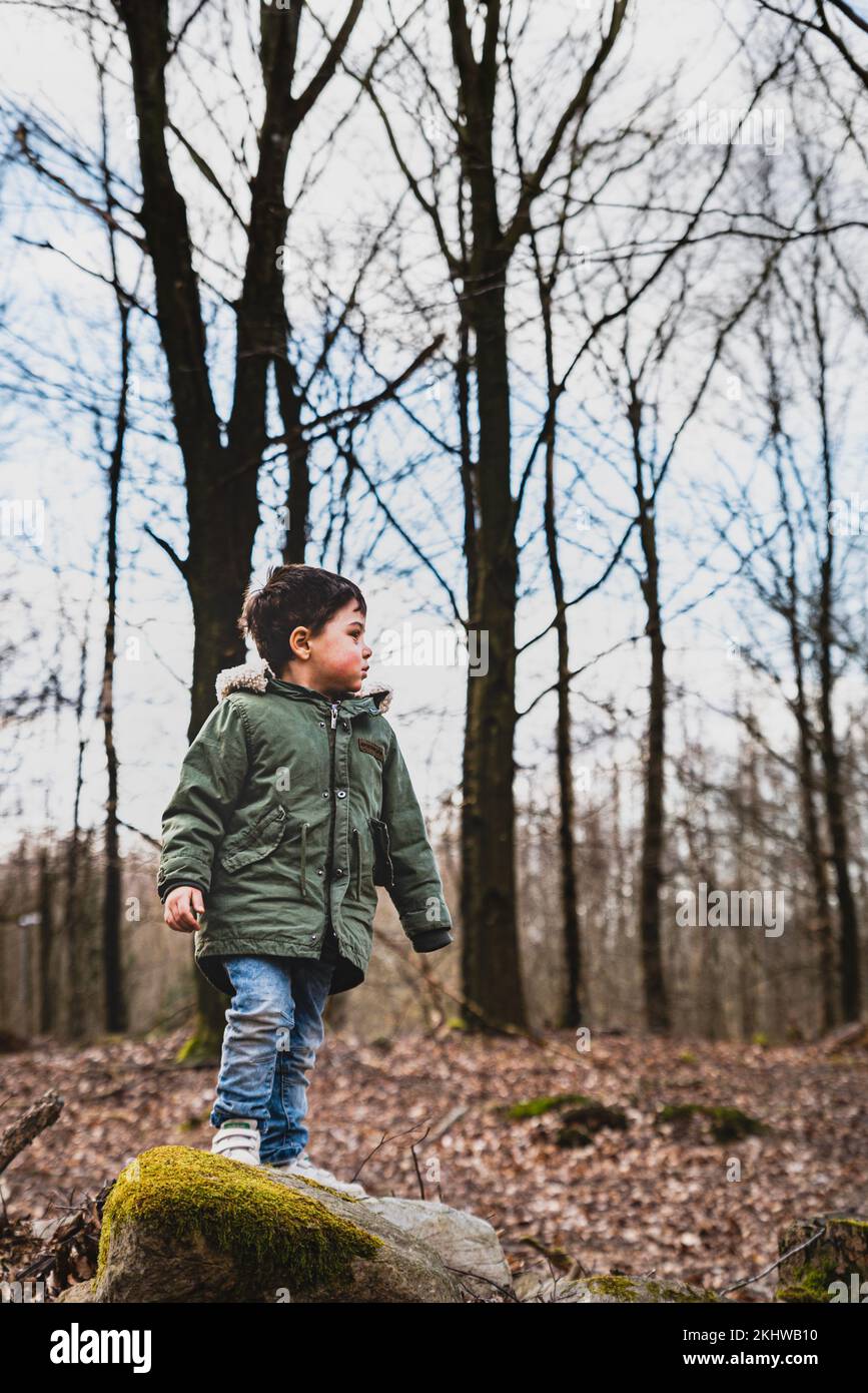 Enfant debout sur un rocher dans les bois est l'observation de la nature. Les enfants qui explorent la forêt sont à la tête des grands arbres qui se sentent pensifs et réfléchis Banque D'Images