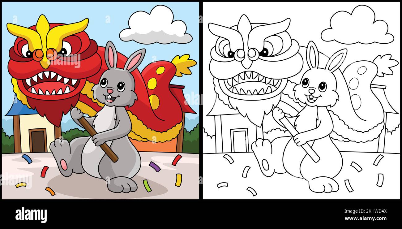 Illustration de la page de coloriage de la danse du dragon de lapin Illustration de Vecteur