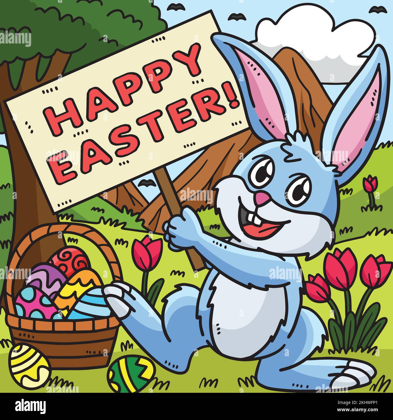 Lapin tenant un dessin animé de couleur joyeuses Pâques Illustration de Vecteur