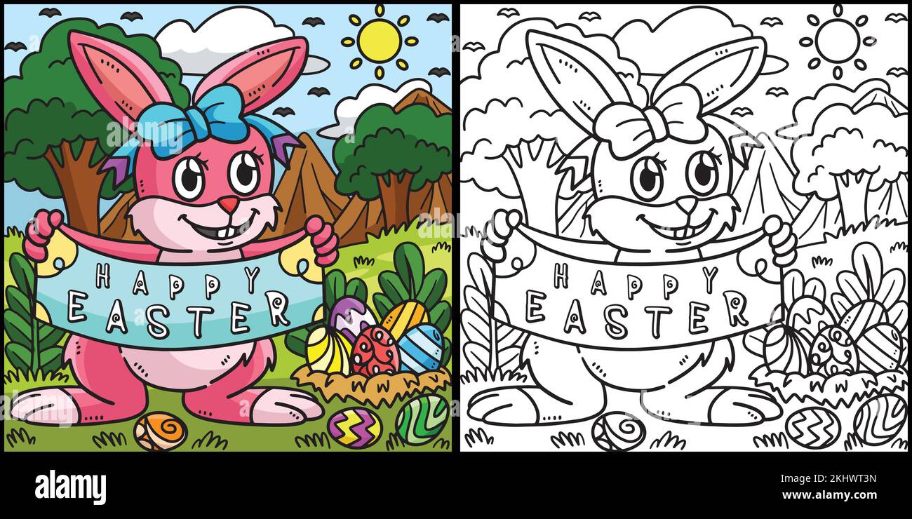 Illustration de la page de coloriage du lapin de Pâques heureux Illustration de Vecteur