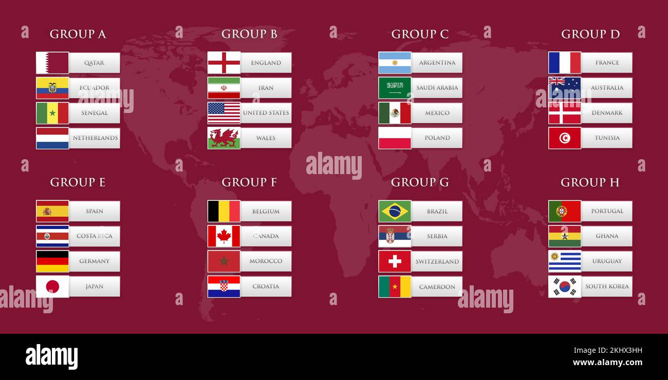 Groupes de la coupe du monde de football du Qatar. Illustration des drapeaux des pays qualifiés Banque D'Images