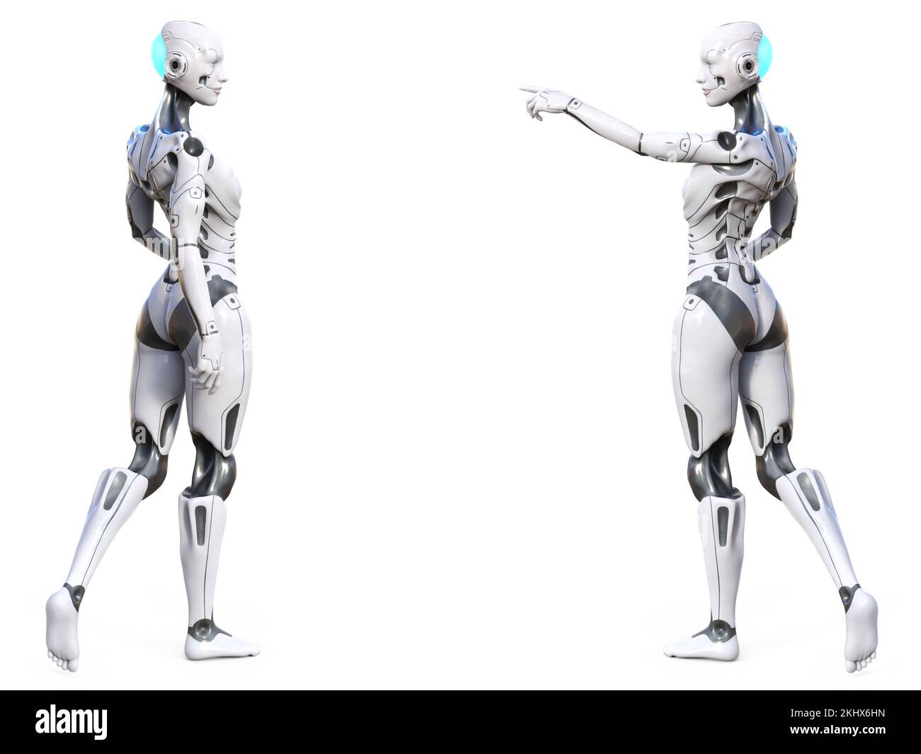 3D rendu de deux robot femme android posant avec leur dos contre la caméra et face l'une à l'autre. Arrière-plan blanc. Banque D'Images