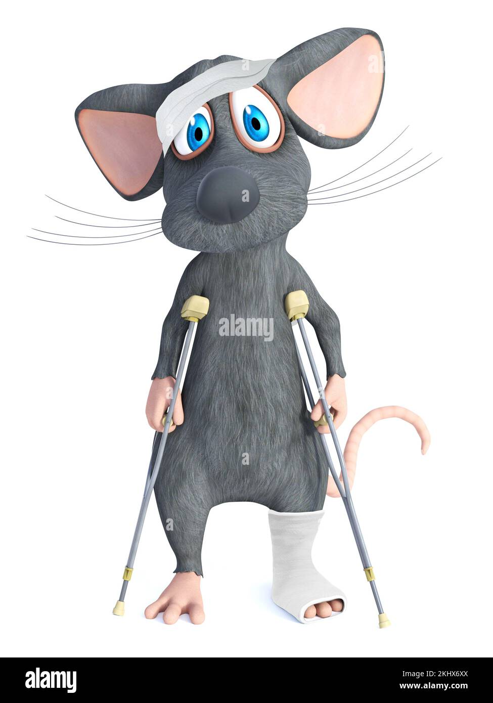 3D rendu d'une souris de bande dessinée blessée portant un bandage de tête et avec une jambe cassée et une jambe moulée sur des béquilles. Arrière-plan blanc. Banque D'Images
