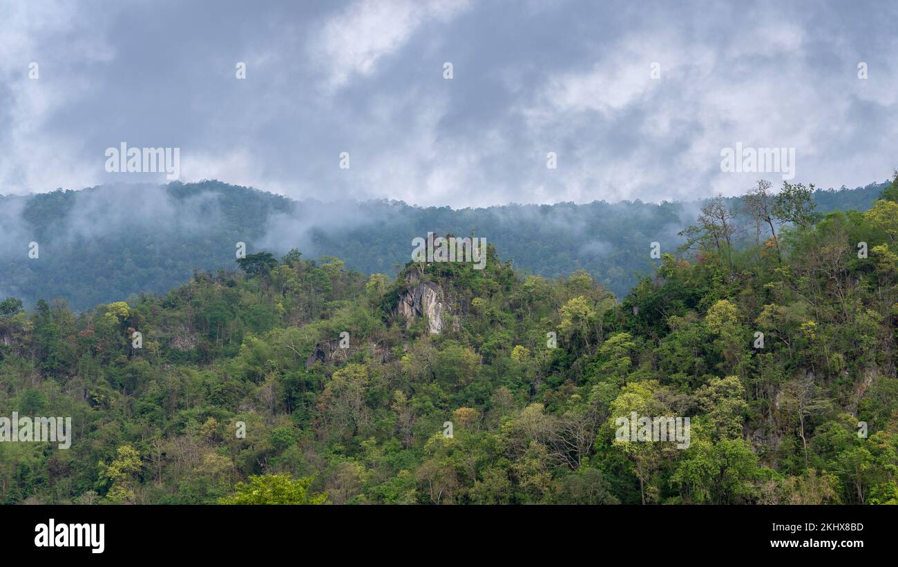 Paysage rural pittoresque avec montagne calcaire et forêt tropicale sous les nuages bas dans la belle vallée de campagne, Chiang Dao, Chiang Mai, Thaïlande Banque D'Images