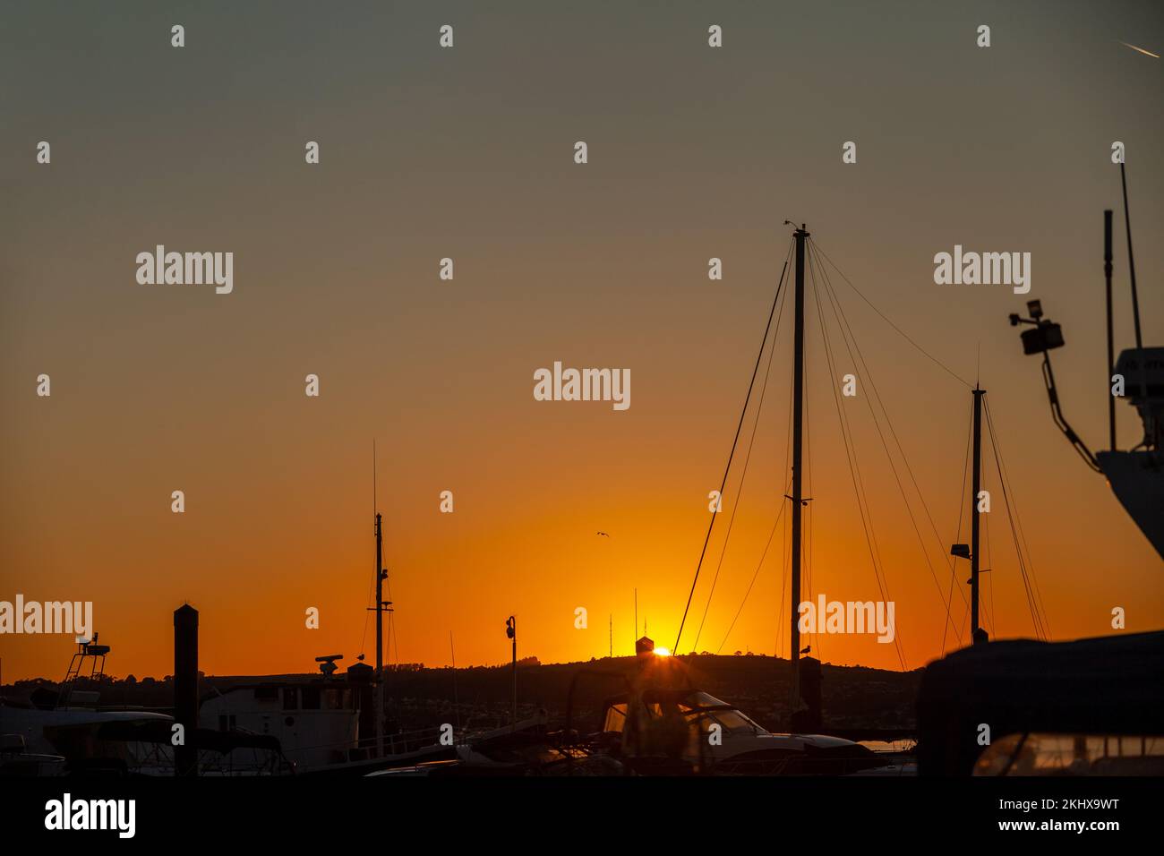 Yachts à Brixham port silhouetted au coucher du soleil Banque D'Images