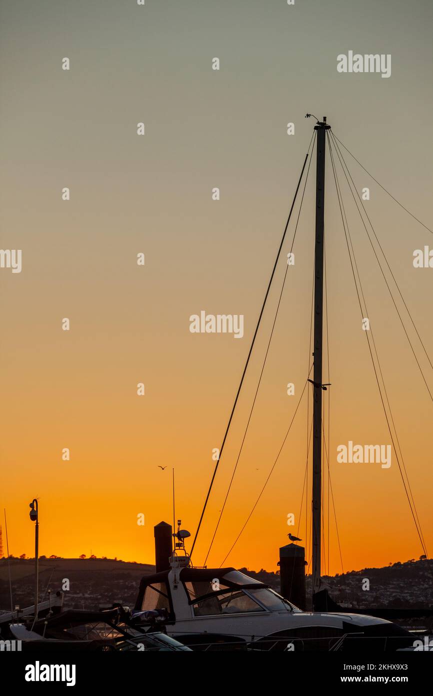 Yachts à Brixham port silhouetted au coucher du soleil Banque D'Images