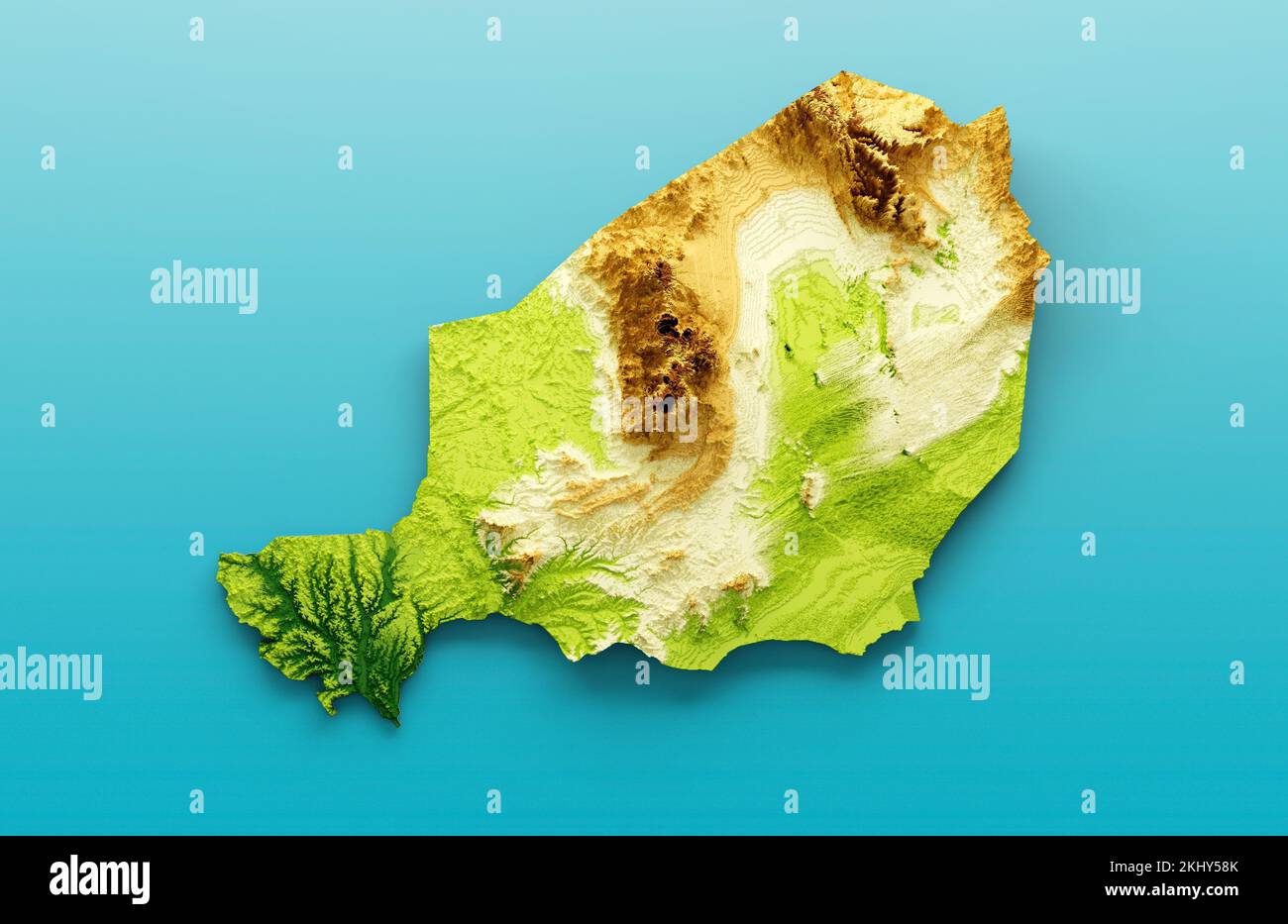 Relief ombré de la carte du Niger isolé sur fond bleu Banque D'Images