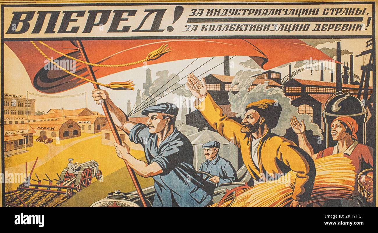 Affiche soviétique consacrée à l'industrialisation et au développement de l'agriculture du pays. Moyen d'agitation et de propagande qui affecte la conscience et Banque D'Images