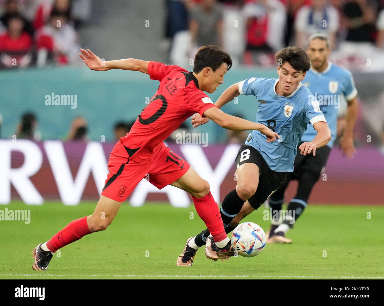 Al Rayyan, Qatar. 24th novembre 2022. Lee Jae-sung (L) de Corée du Sud rivalise avec Facundo Pellistri de l'Uruguay lors du match du Groupe H entre l'Uruguay et la Corée du Sud lors de la coupe du monde de la FIFA 2022 au stade Education City à Al Rayyan, Qatar, le 24 novembre 2022. Credit: Meng Yongmin/Xinhua/Alamy Live News Banque D'Images