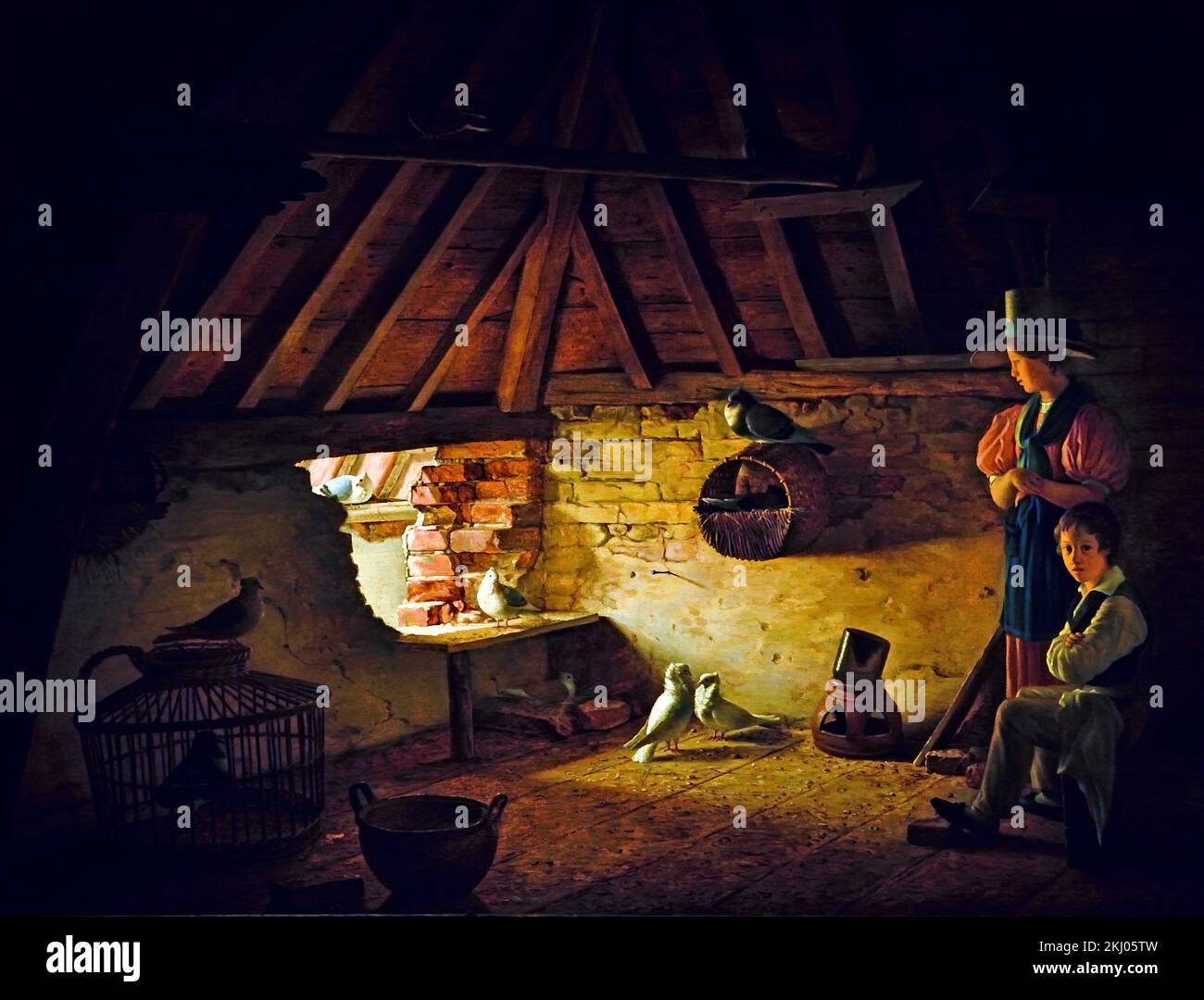 Garçon et fille avec leurs pigeons dans un loft, 1833 Henry, Voordecker, connu sous le nom, Henri, Voordecker, (Bruxelles, 15 août 1779 – Aldaar, 3 décembre 1861), était un artiste belge uit de romantiek, Belgique flamande, Banque D'Images