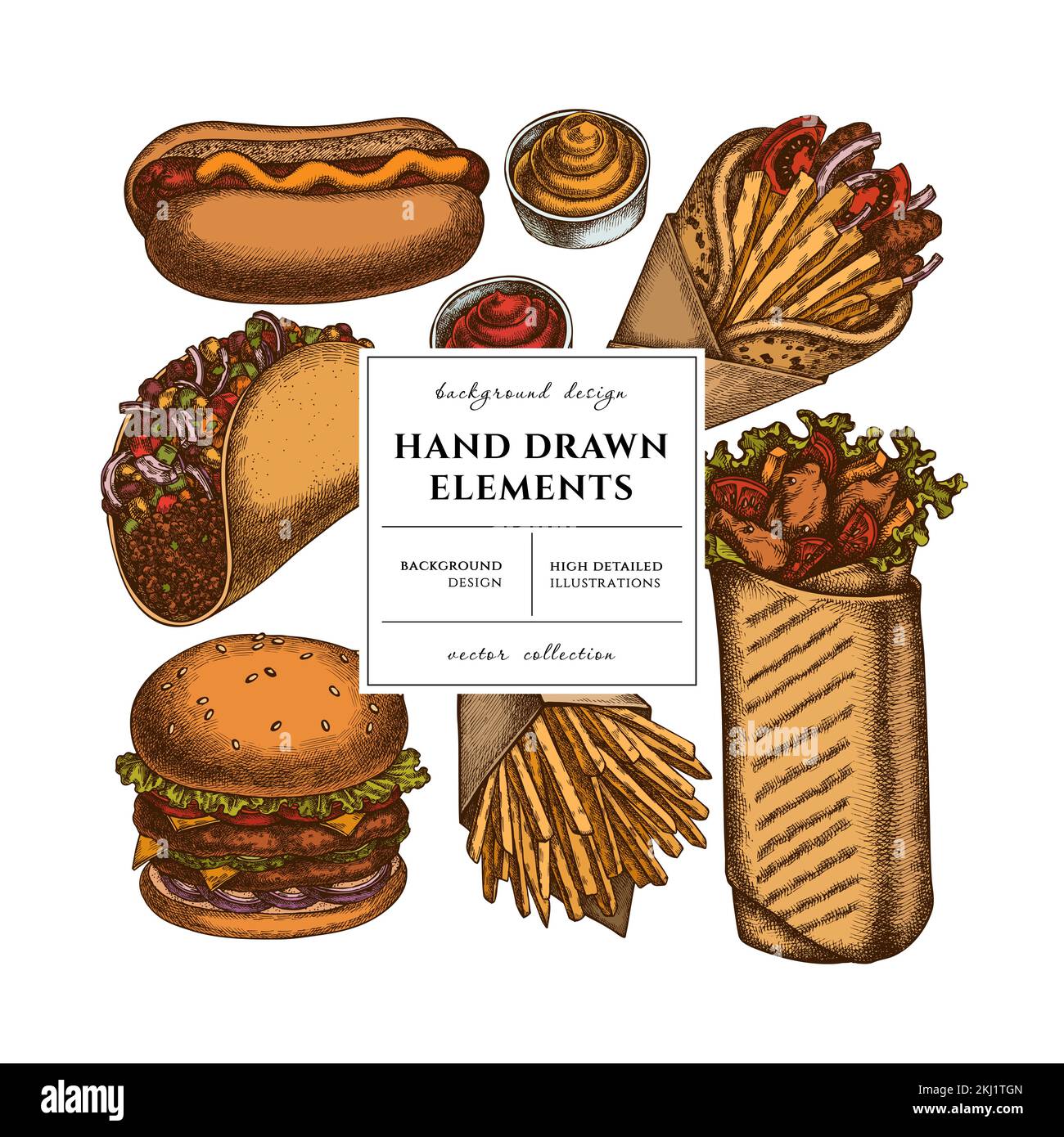 Carte carrée de nourriture de rue ou motif d'invitation. Cadre avec sauces, gyros, hamburgers, tacos, shawarma, frites, hot dog. Illustration de Vecteur