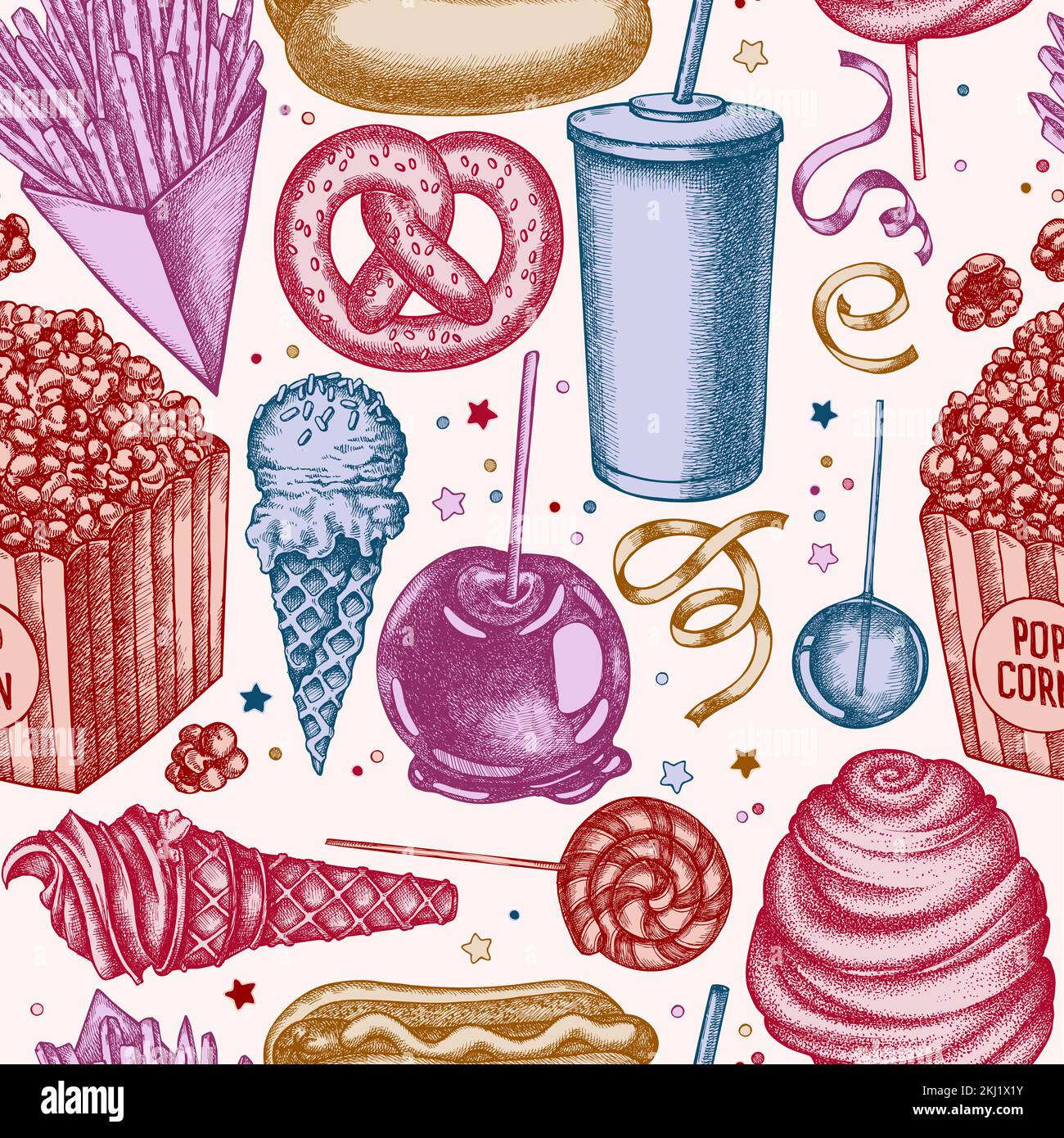 Motif de fond sans couture Carnival Food. Style gravé. Frites dessinées à la main, bretzel, pop-corn, limonade, hot dog, pomme caramel, coton Illustration de Vecteur
