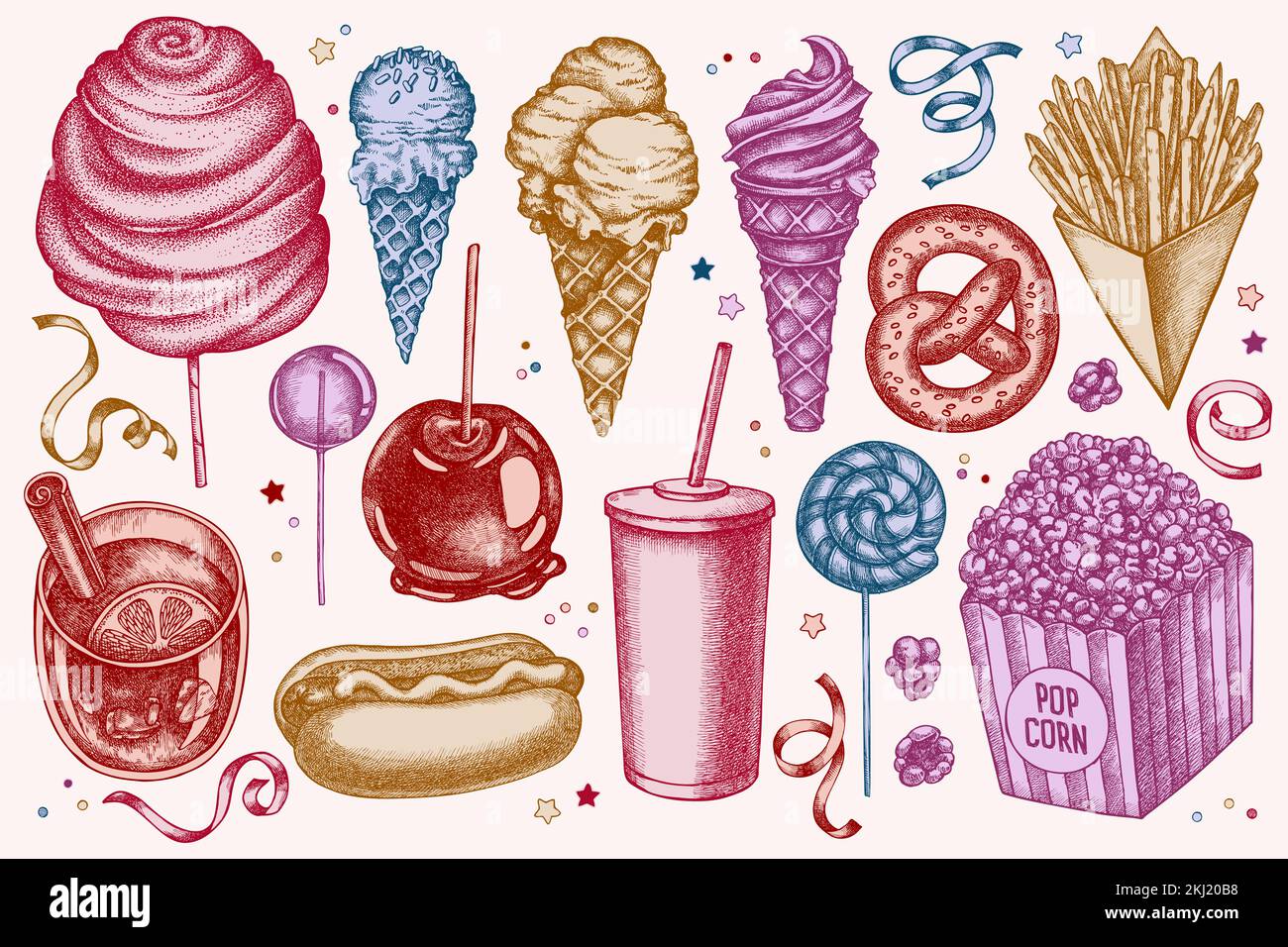 Collection d'illustrations vectorielles dessinées à la main de Carnival Food. Frites stylisées, bretzel, pop-corn, limonade, hot dog, vin chaud, pomme caramel Illustration de Vecteur