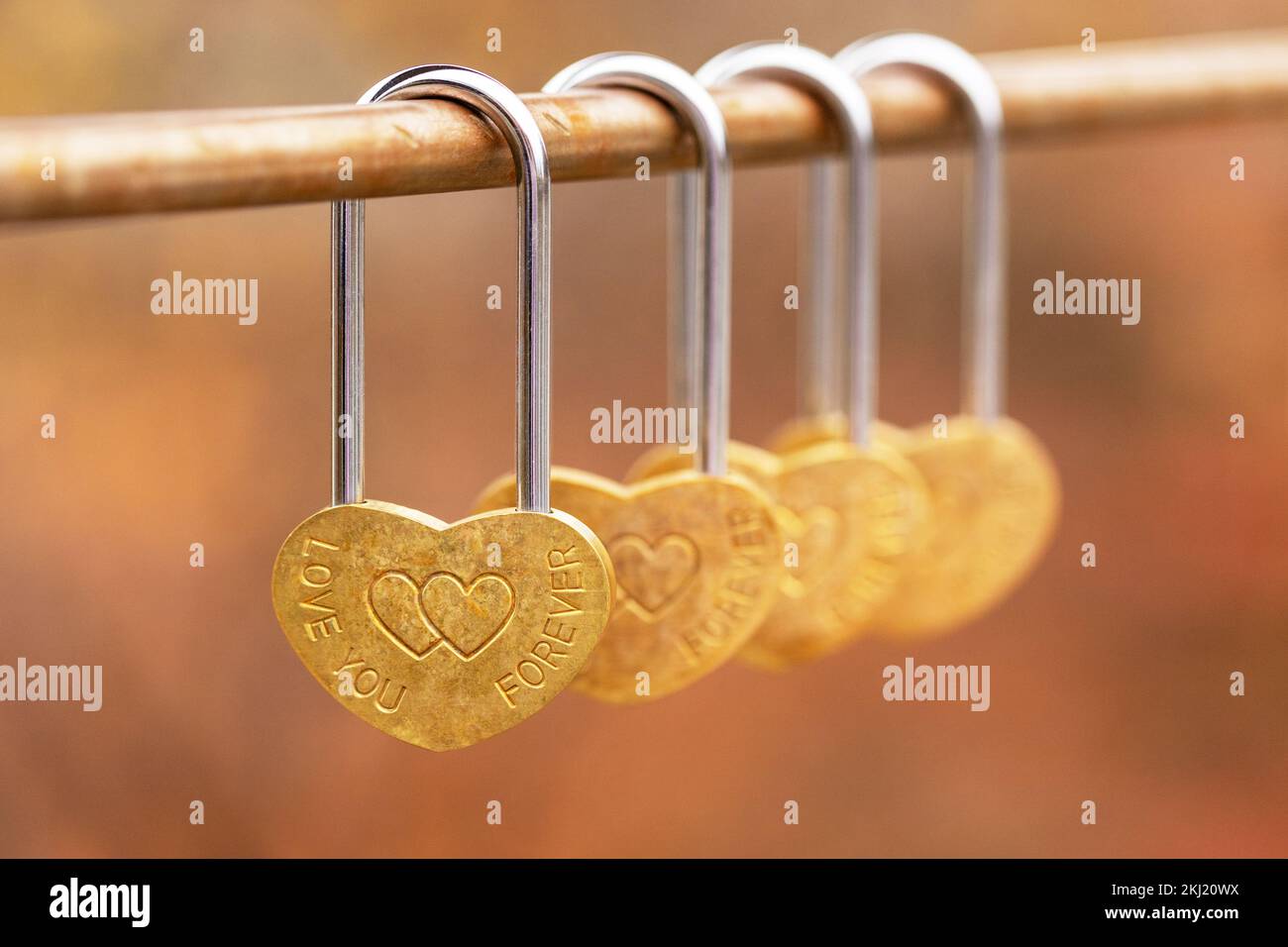 Symbole de l'amour éternel, des relations et de la rage. Cadenas en forme de coeur accrochés au pont en automne. Vous aimez pour toujours Banque D'Images