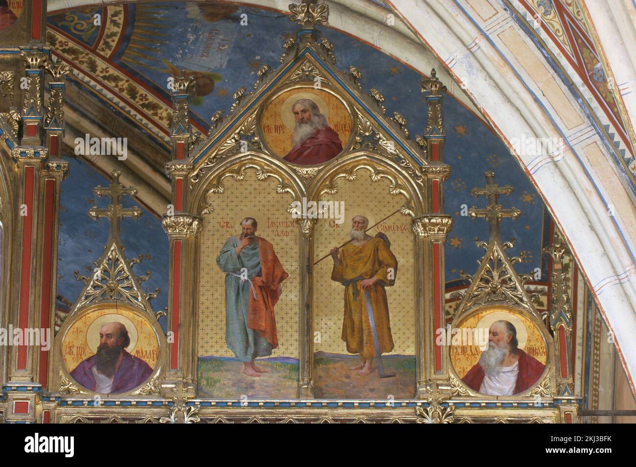 Prophète Malachi, Saints Jacob et Simon, Prophète Daniel ci-dessous, Prophète Michée au-dessus, iconostase dans la cathédrale catholique grecque de la Sainte Trinité à Banque D'Images