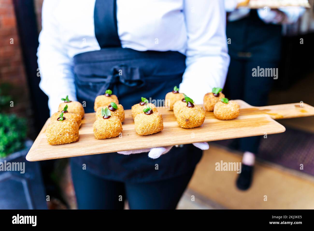 Réception de mariage réception de réception avec hors-d'œuvre et canapés servis par des serveurs dans le jardin pour leurs invités Banque D'Images