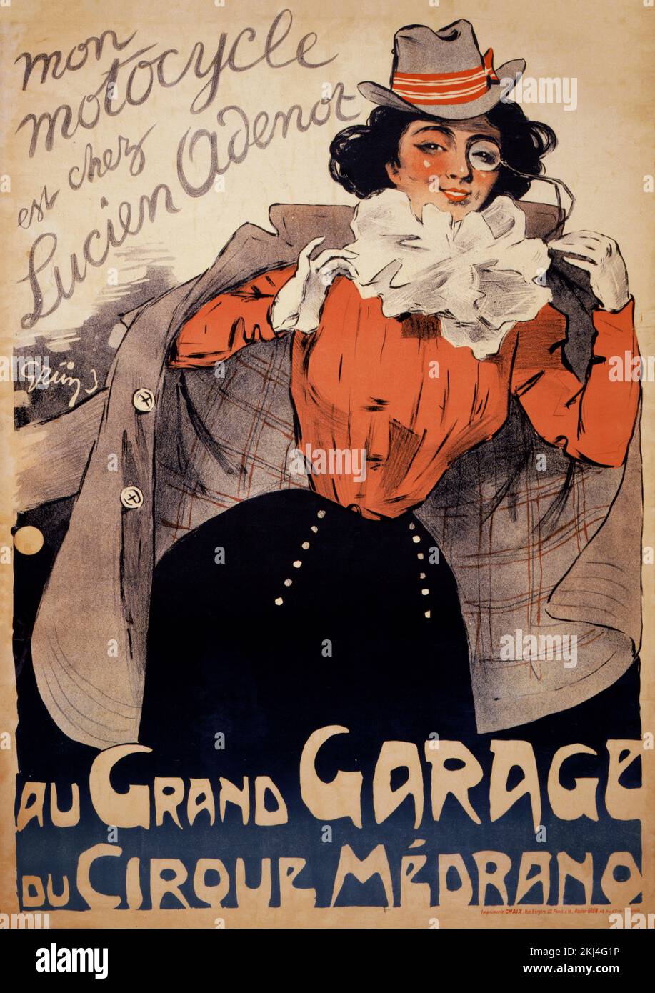 Mon motocycle est chez Lucien Adenot par Jules Alexandre Grün (1868-1934). Affiche publiée en 1899 en France. Banque D'Images