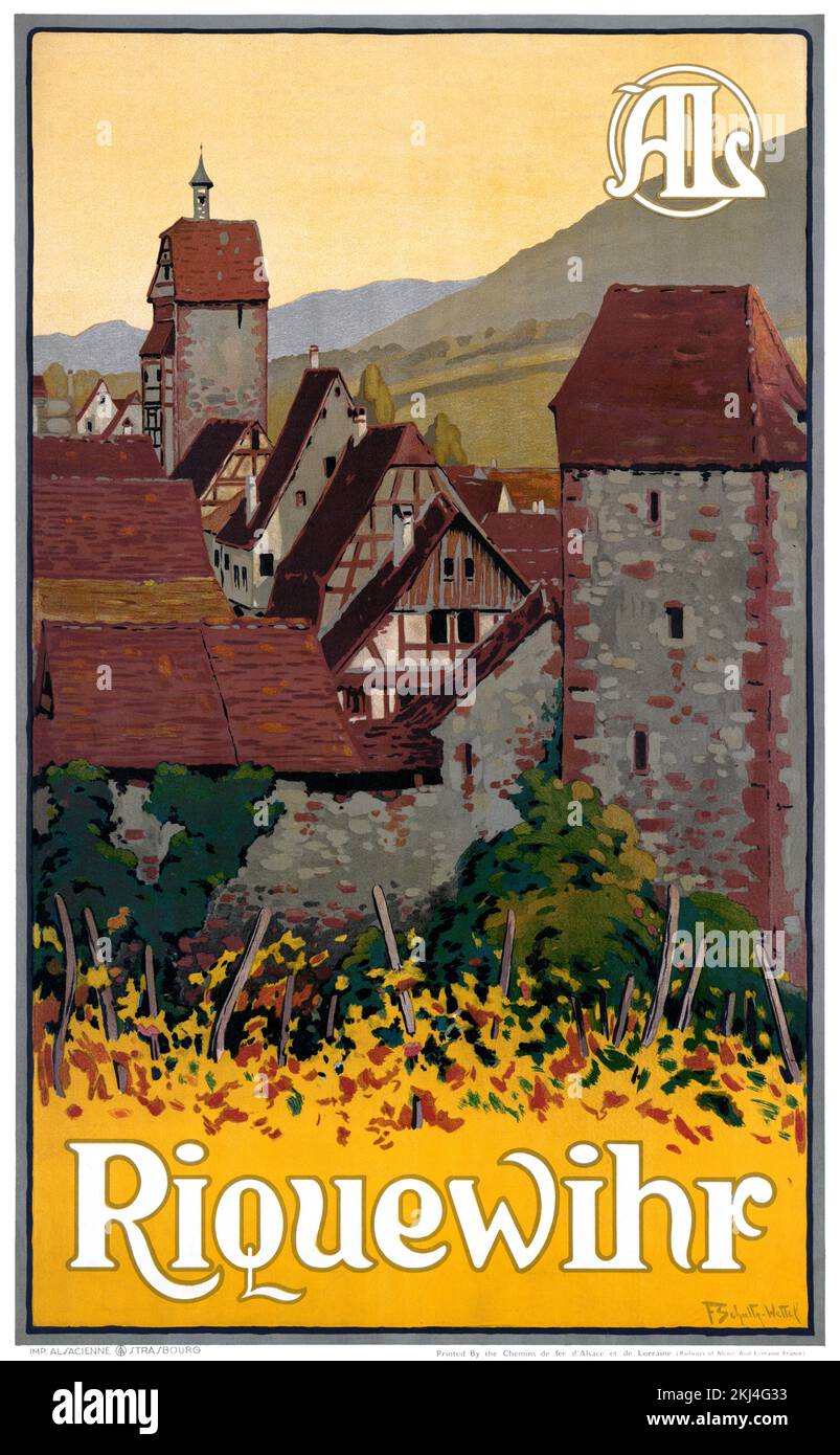 Riquewihr par Ferdinand Schultz-Wettel (1872-1957). Affiche publiée en 1925 en France. Banque D'Images Riquewihr par Ferdinand Schultz-Wettel (1872-1957). Affiche publiée en 1925 en France. Banque D'Images