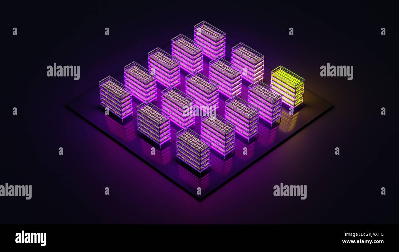 Ferme verticale intérieure. Vue isométrique. Usine de microverts hydroponiques. Grandir avec des lumières à DEL. Agriculture durable. 3d illustration. Banque D'Images