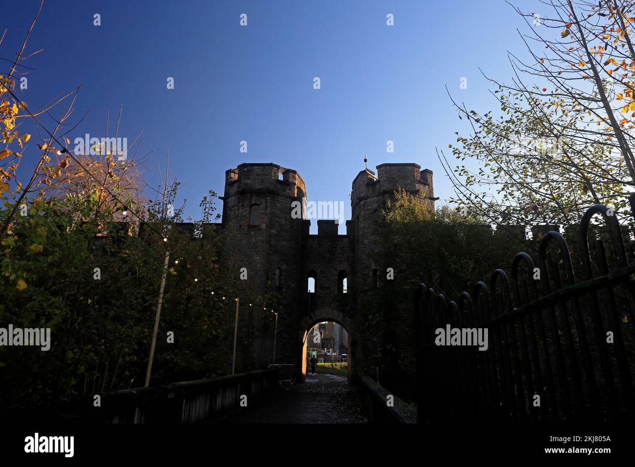 Château de Cardiff avec une série de lumières de Noël. Entrée du parc Bute au château... Pris en novembre 2022. Hiver / automne. Banque D'Images