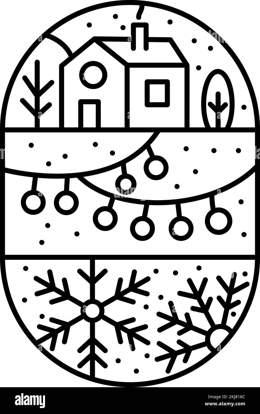 Composition de l'Avent de Noël flocons de neige, guirlande et maison avec arbres. Logo de constructeur vectoriel d'hiver dessiné à la main dans deux demi-cadre rond et Illustration de Vecteur