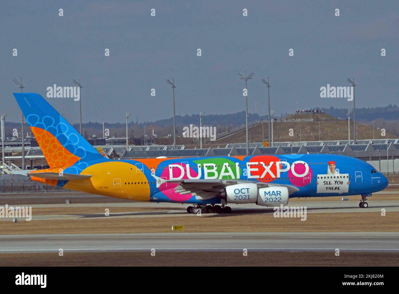 Allemagne, Bavière, Munich: A6-EES Airbus A.380-861 (c/n 140) d'Emirates Airlines (aux couleurs de l'exposition de Dubaï) au Franz Josef Strauss ai de Munich Banque D'Images