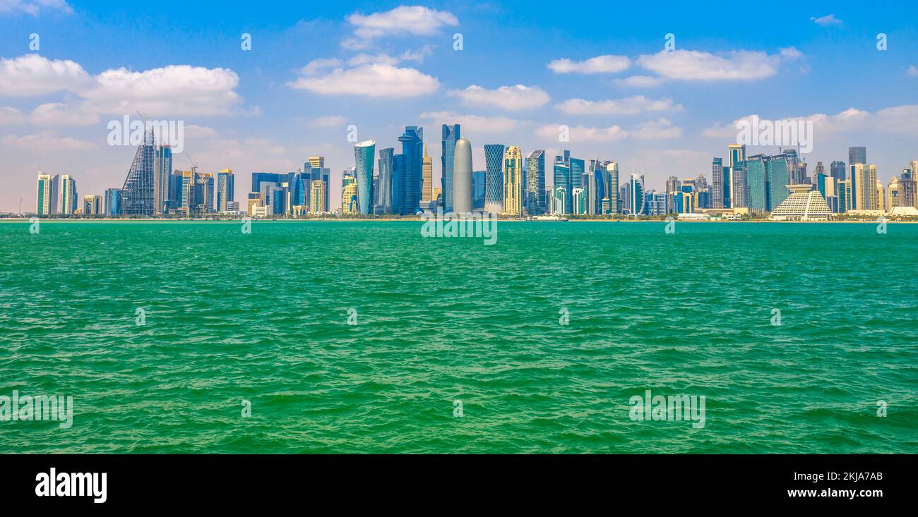 Bannière panorama de Doha paysage urbain. Horizon de West Bay dans la baie de Doha. Qatar, Moyen-Orient, péninsule arabique dans le golfe Persique. Copier l'espace. Mer Touquoise. Banque D'Images
