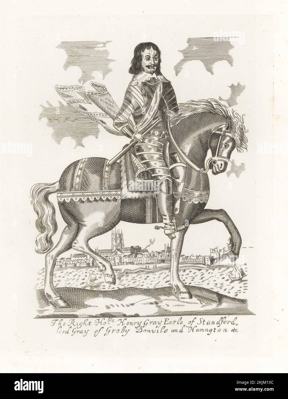 Henry Gray, 1st comte de Stamford, c. 1599-1673. Noble anglais et chef militaire. Le général de la tête ronde a été battu au siège d'Exeter. Vignette de la cathédrale d'Exeter et de l'exe de la rivière. À cheval, en collier de dentelle, costume d'armure de plaque, bottes et éperons. Henry Gray, comte de Standford, seigneur de Groby, Bonvile et Harrington. De l'imprimé équestre unique de Clarendon d'Earl Spenser. Gravure sur plaque de coperplate de la galerie des portraits rares de Samuel Woodburn, composée de plaques originales, George Jones, 102 St Martin's Lane, Londres, 1816. Banque D'Images