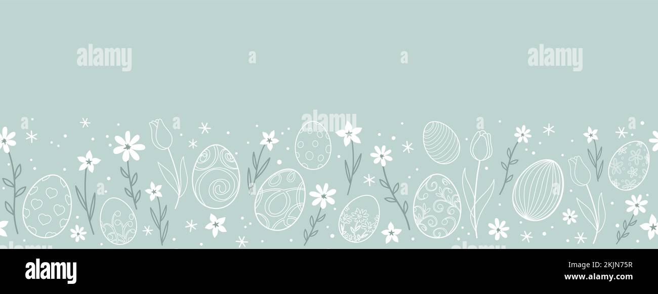 Illustration d'arrière-plan sans couture du vecteur de Pâques avec œufs de Pâques, fleurs et Espace de texte sur Fond bleu. Répétable horizontalement. Illustration de Vecteur